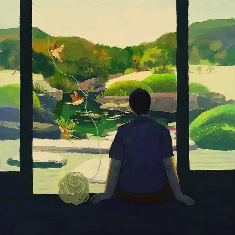 Illustration of a person sitting quietly indoors, looking out at a bright, colourful garden