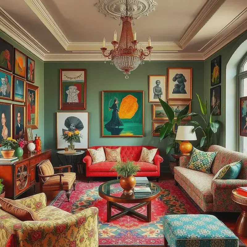 Illustration of a warm, colourful, eclectic living room full of art, plants and comfortable seating