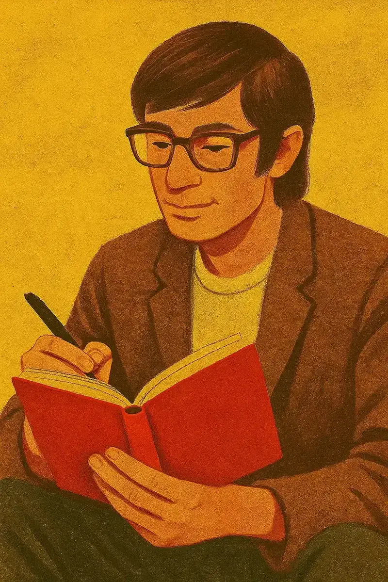 Illustration of a psychologist writing notes in a warm, unhurried session
