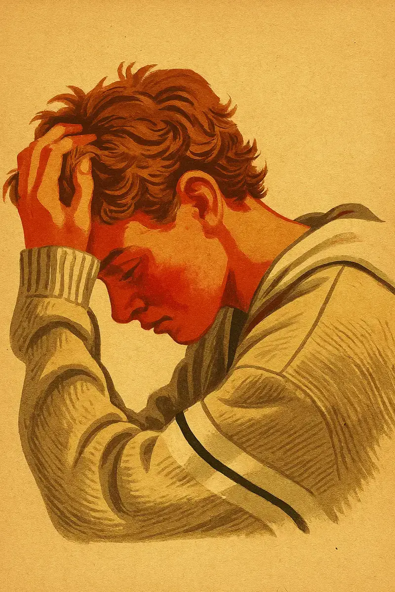 Illustration of a young person resting their head in their hand, looking weighed down
